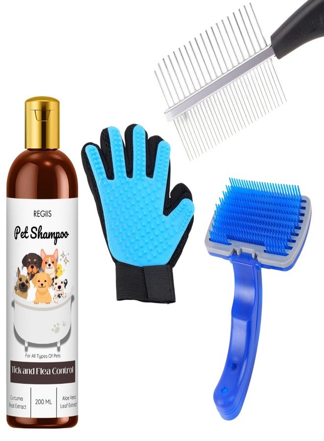 REGIIS Pet Grooming Kit with Tick and Flea Control Shampoo, 200ml, Deshedding Glove, Self Cleaning Brush for Dogs and Cats(Pack of 4) - Image 1